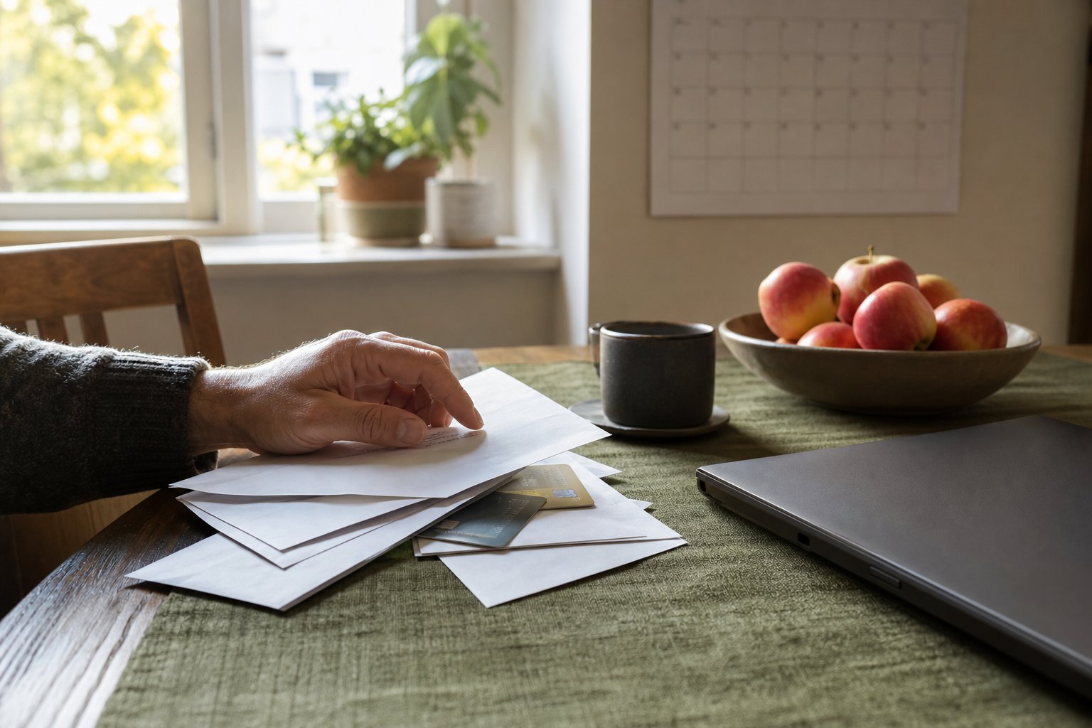 Hand sorteert enveloppen en bankpassen naast een gesloten laptop op de keukentafel