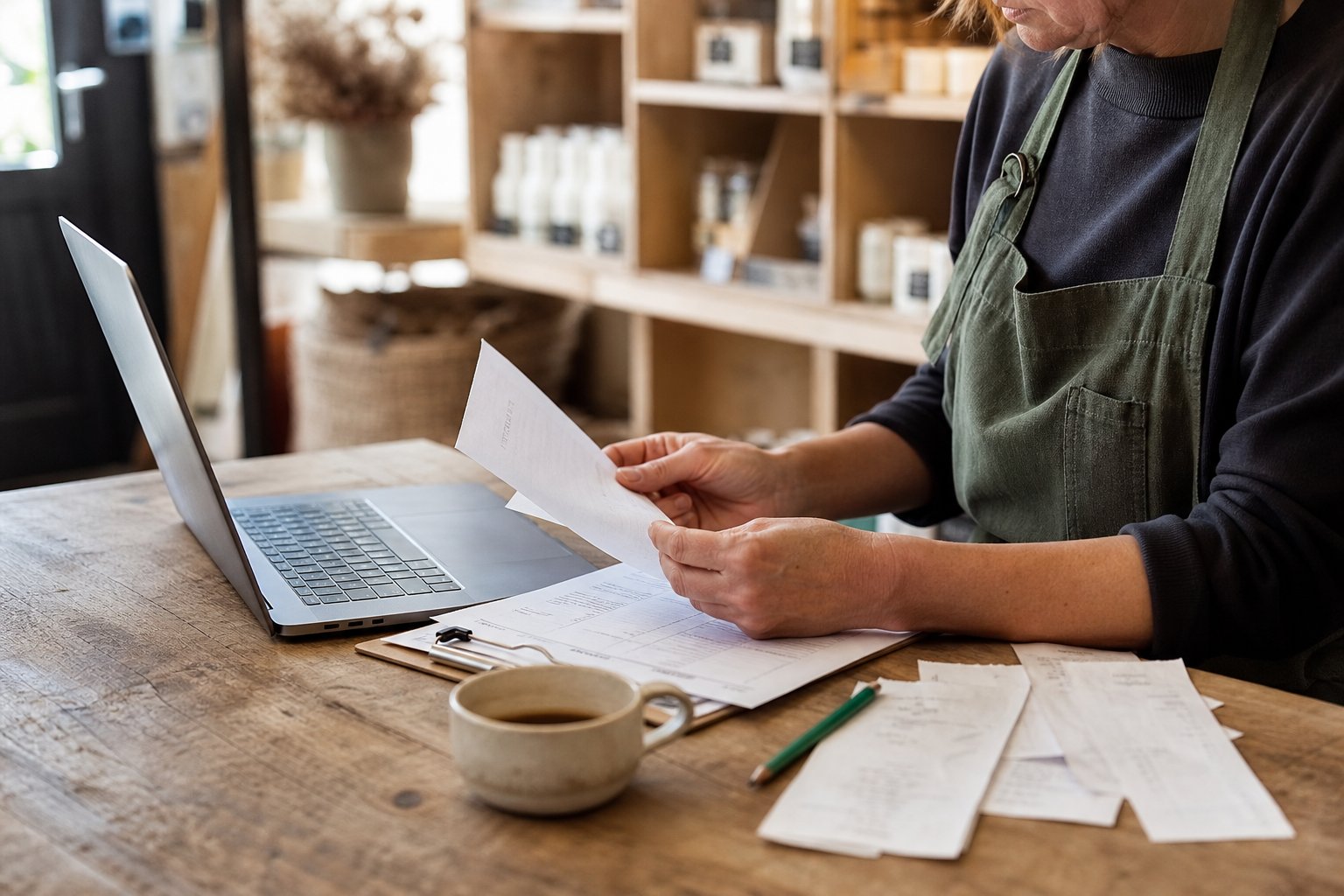 Ondernemer bekijkt papieren en bonnetjes naast een laptop aan een houten werktafel
