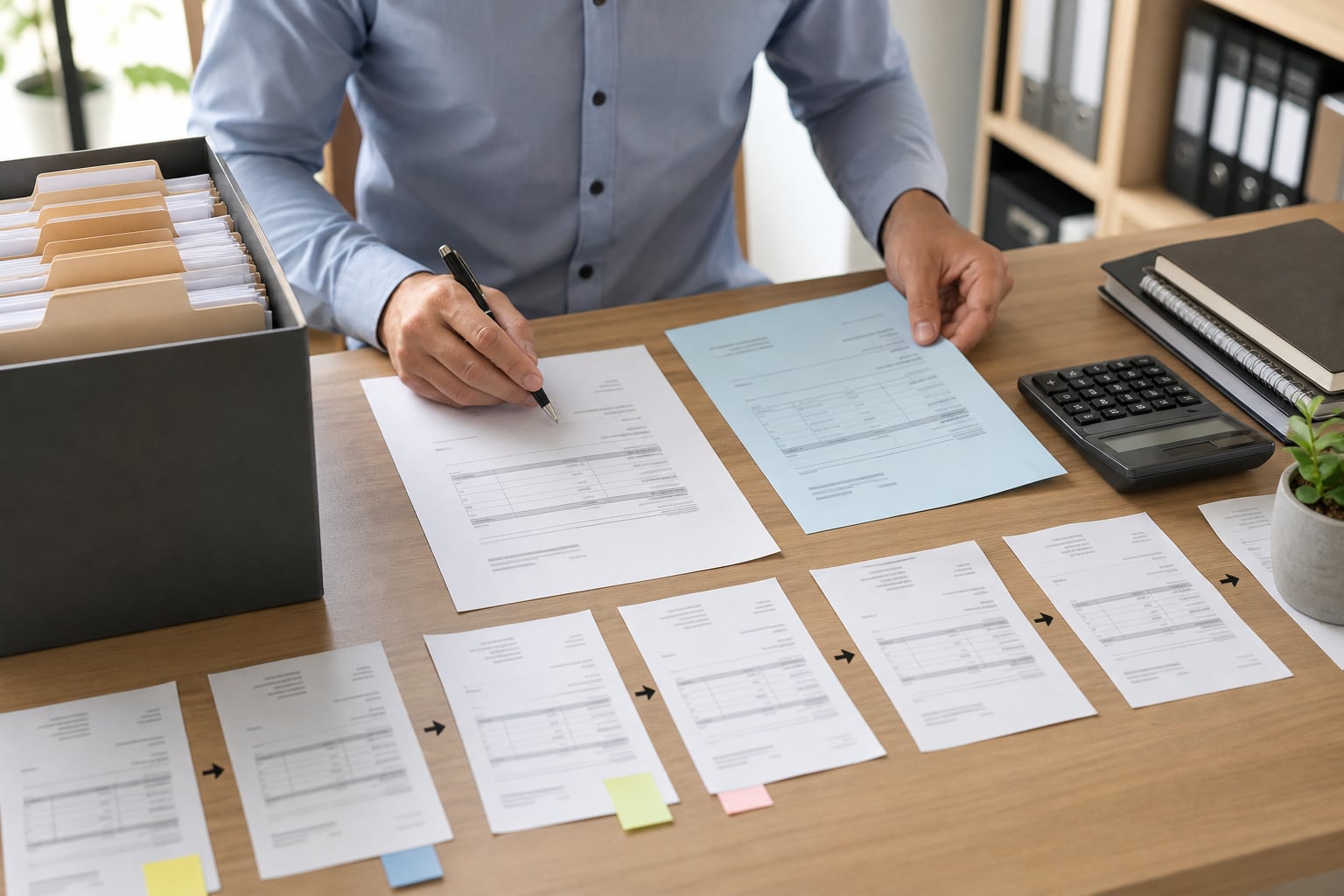 Boekhouder legt een correctiedocument naast de oorspronkelijke factuurketen